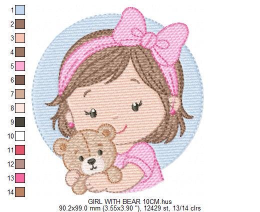 Baby girl Princess embroidery designs - Ballerina with teddy bear machine embroidery pattern - Girl with pink bow lace - Instant download