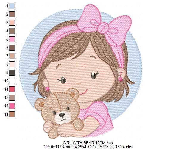 Baby girl Princess embroidery designs - Ballerina with teddy bear machine embroidery pattern - Girl with pink bow lace - Instant download