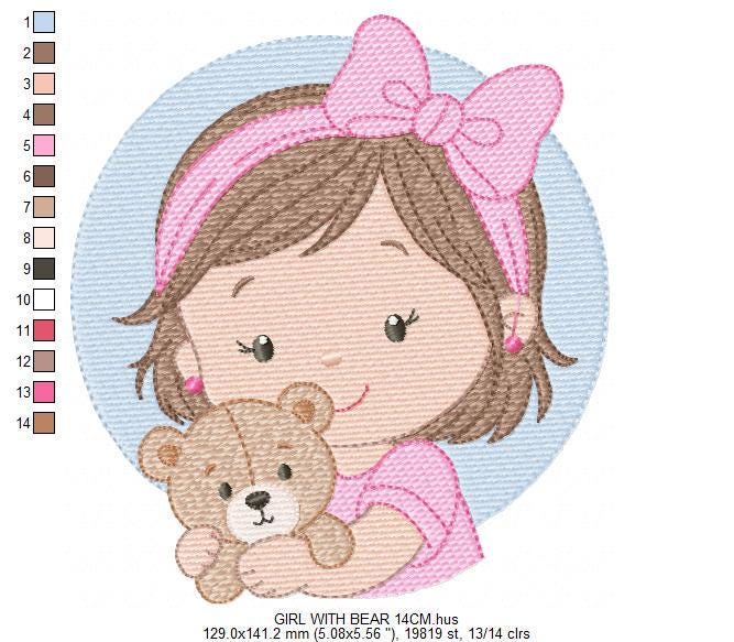 Baby girl Princess embroidery designs - Ballerina with teddy bear machine embroidery pattern - Girl with pink bow lace - Instant download