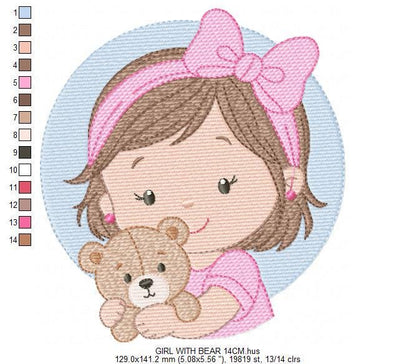 Baby girl Princess embroidery designs - Ballerina with teddy bear machine embroidery pattern - Girl with pink bow lace - Instant download