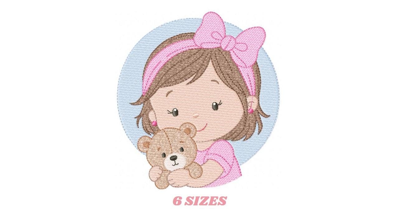 Baby girl Princess embroidery designs - Ballerina with teddy bear machine embroidery pattern - Girl with pink bow lace - Instant download