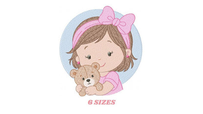 Baby girl Princess embroidery designs - Ballerina with teddy bear machine embroidery pattern - Girl with pink bow lace - Instant download