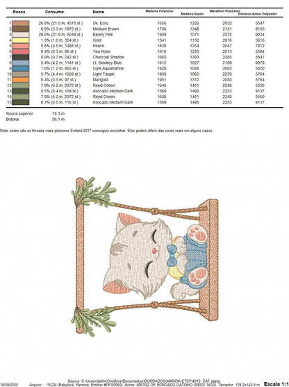 Cat embroidery design - Kitty with clothes and tie machine embroidery pattern - Baby boy cat with swing file - Instant digital download pes