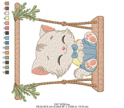 Cat embroidery design - Kitty with clothes and tie machine embroidery pattern - Baby boy cat with swing file - Instant digital download pes