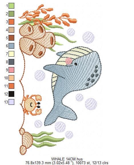 Whale embroidery designs - Ocean Animal Big Fish with crown machine embroidery pattern - Sea Life Baby Boy - Instant digital download pes