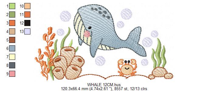 Whale embroidery designs - Ocean Animal Big Fish with crown machine embroidery pattern - Sea Life Baby Boy - Instant digital download pes