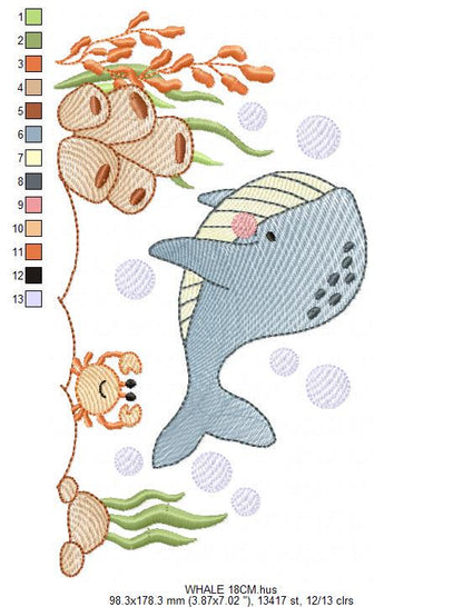 Whale embroidery designs - Ocean Animal Big Fish with crown machine embroidery pattern - Sea Life Baby Boy - Instant digital download pes