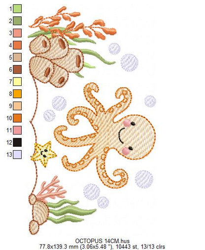 Octopus embroidery design - Cephalopod machine embroidery pattern - Ocean animals seashell coral sea - Instant digital download pes jef dst
