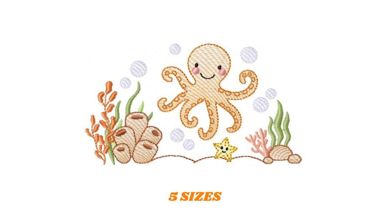 Octopus embroidery design - Cephalopod machine embroidery pattern - Ocean animals seashell coral sea - Instant digital download pes jef dst