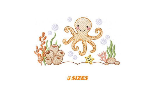 Octopus embroidery design - Cephalopod machine embroidery pattern - Ocean animals seashell coral sea - Instant digital download pes jef dst