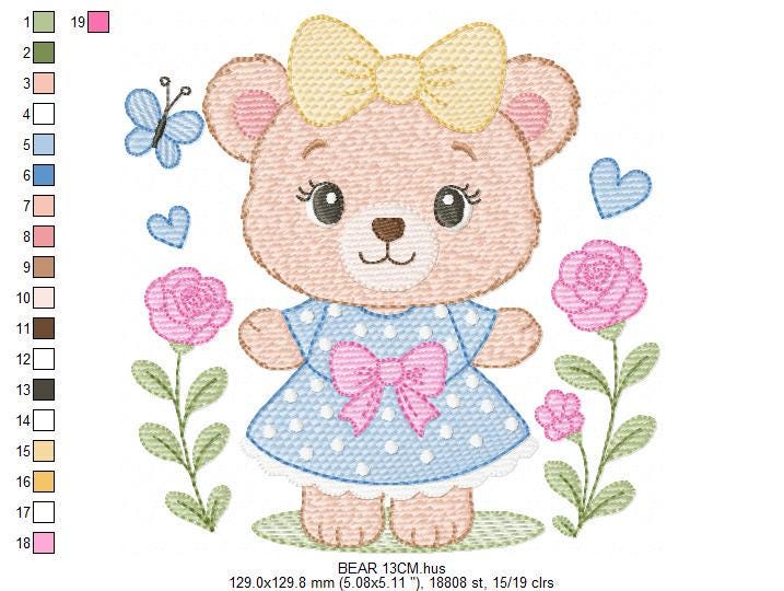 Teddy Bear with flowers embroidery designs - Baby Girl Bear with dress and lace machine embroidery pattern - Instant download pes jef dst
