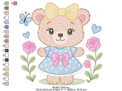 Teddy Bear with flowers embroidery designs - Baby Girl Bear with dress and lace machine embroidery pattern - Instant download pes jef dst