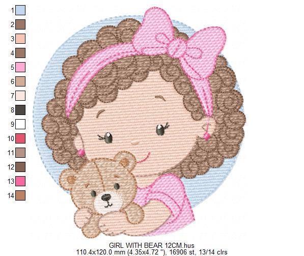 Baby girl Princess embroidery designs - Ballerina with teddy bear machine embroidery pattern - Girl with pink bow lace - Instant download