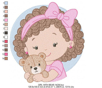 Baby girl Princess embroidery designs - Ballerina with teddy bear machine embroidery pattern - Girl with pink bow lace - Instant download