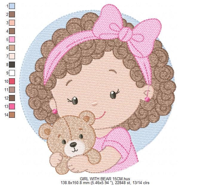 Baby girl Princess embroidery designs - Ballerina with teddy bear machine embroidery pattern - Girl with pink bow lace - Instant download