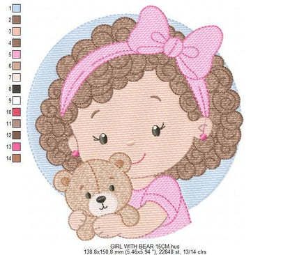 Baby girl Princess embroidery designs - Ballerina with teddy bear machine embroidery pattern - Girl with pink bow lace - Instant download