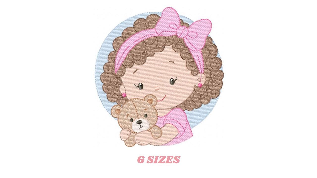 Baby girl Princess embroidery designs - Ballerina with teddy bear machine embroidery pattern - Girl with pink bow lace - Instant download