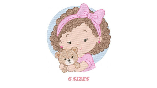 Baby girl Princess embroidery designs - Ballerina with teddy bear machine embroidery pattern - Girl with pink bow lace - Instant download