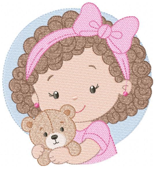 Baby girl Princess embroidery designs - Ballerina with teddy bear machine embroidery pattern - Girl with pink bow lace - Instant download
