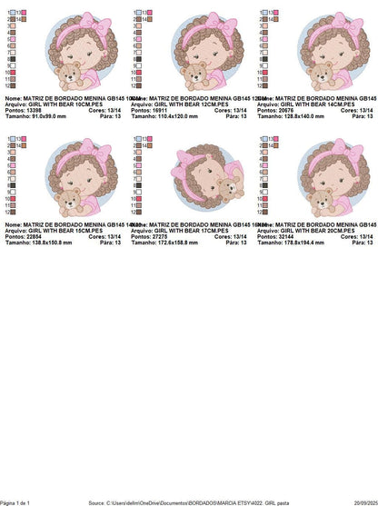 Baby girl Princess embroidery designs - Ballerina with teddy bear machine embroidery pattern - Girl with pink bow lace - Instant download