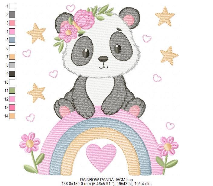 Panda embroidery design - Panda bear with rainbow and flowers machine embroidery pattern - Baby girl file - Instant digital download pes jef