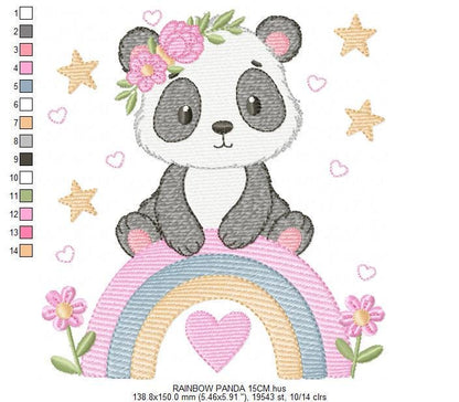 Panda embroidery design - Panda bear with rainbow and flowers machine embroidery pattern - Baby girl file - Instant digital download pes jef