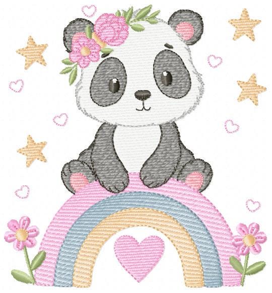 Panda embroidery design - Panda bear with rainbow and flowers machine embroidery pattern - Baby girl file - Instant digital download pes jef
