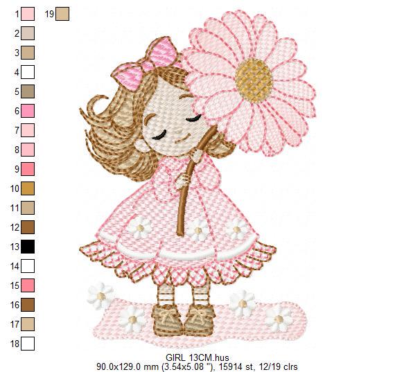 Baby girl embroidery designs - Girl with long hair machine embroidery pattern - Princess with flowers file - Instant download pes jef dst
