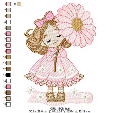 Baby girl embroidery designs - Girl with long hair machine embroidery pattern - Princess with flowers file - Instant download pes jef dst