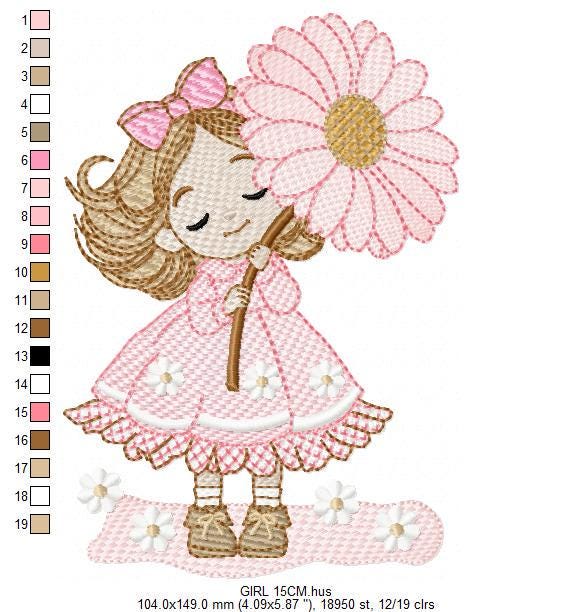 Baby girl embroidery designs - Girl with long hair machine embroidery pattern - Princess with flowers file - Instant download pes jef dst