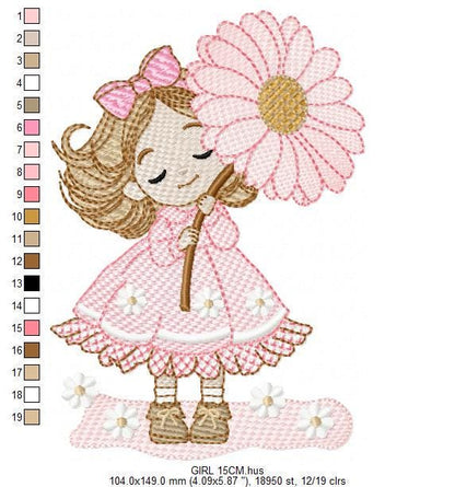 Baby girl embroidery designs - Girl with long hair machine embroidery pattern - Princess with flowers file - Instant download pes jef dst