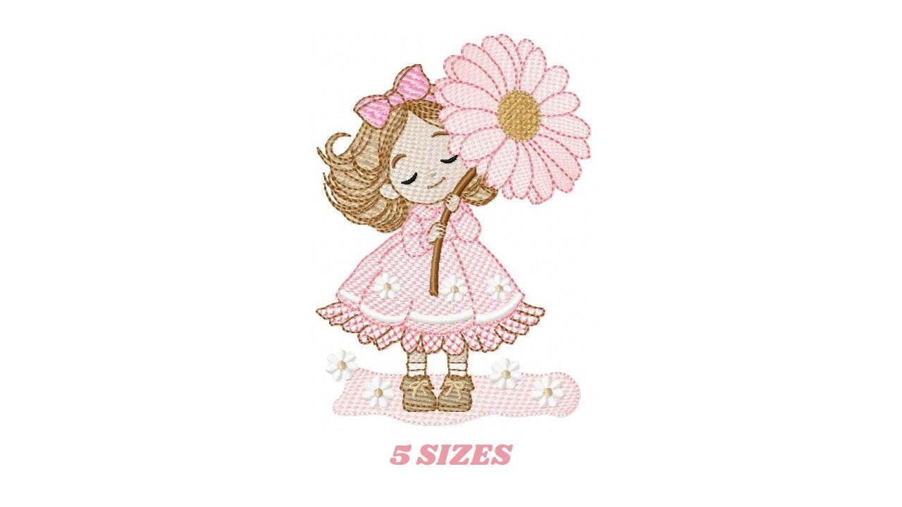 Baby girl embroidery designs - Girl with long hair machine embroidery pattern - Princess with flowers file - Instant download pes jef dst