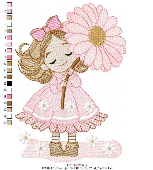 Baby girl embroidery designs - Girl with long hair machine embroidery pattern - Princess with flowers file - Instant download pes jef dst