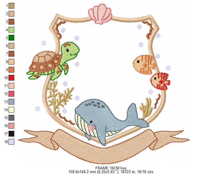 Sea animals monogram frame embroidery design - Whale Turlte fishes shell star machine embroidery pattern - Ocean coral - Instant download