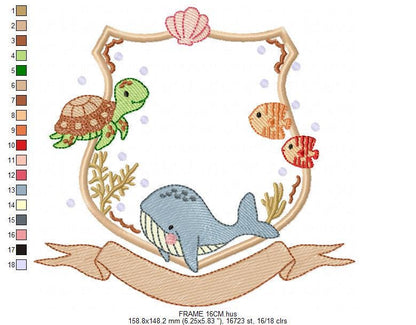 Sea animals monogram frame embroidery design - Whale Turlte fishes shell star machine embroidery pattern - Ocean coral - Instant download