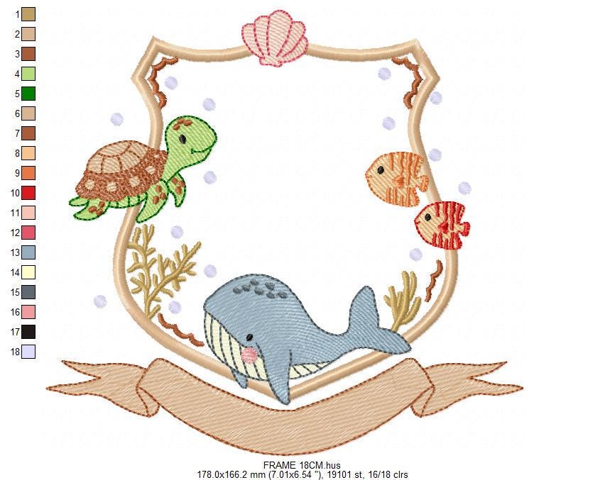 Sea animals monogram frame embroidery design - Whale Turlte fishes shell star machine embroidery pattern - Ocean coral - Instant download