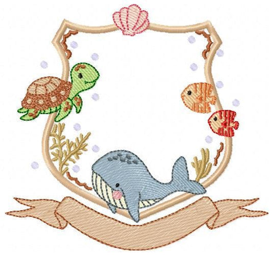 Sea animals monogram frame embroidery design - Whale Turlte fishes shell star machine embroidery pattern - Ocean coral - Instant download