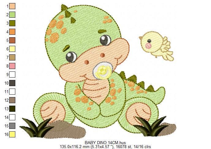 Dinosaur embroidery designs - Baby Boy Dino machine embroidery pattern - Brontosaurus with pacifier - instant digital download pes jef dst