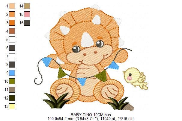 Dinosaur embroidery designs - Dino with flags and birds machine embroidery pattern - Baby Boy Triceratops file - Instant download pes jef