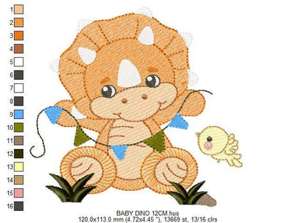 Dinosaur embroidery designs - Dino with flags and birds machine embroidery pattern - Baby Boy Triceratops file - Instant download pes jef