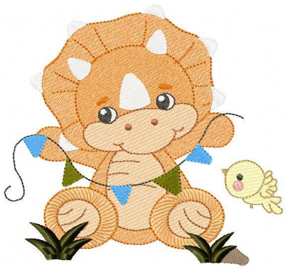 Dinosaur embroidery designs - Dino with flags and birds machine embroidery pattern - Baby Boy Triceratops file - Instant download pes jef