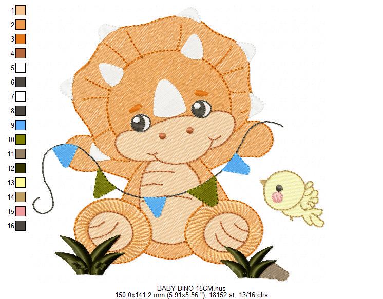 Dinosaur embroidery designs - Dino with flags and birds machine embroidery pattern - Baby Boy Triceratops file - Instant download pes jef