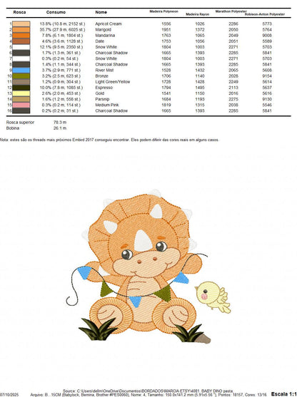 Dinosaur embroidery designs - Dino with flags and birds machine embroidery pattern - Baby Boy Triceratops file - Instant download pes jef