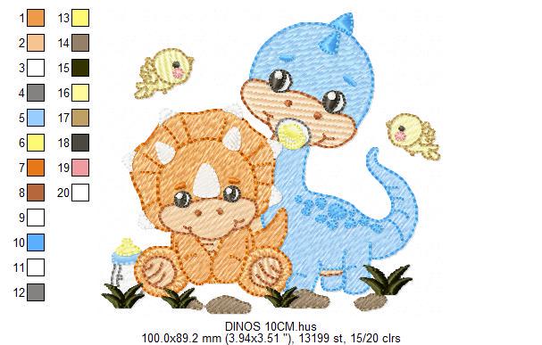 Dinosaur embroidery designs - Dino with pacifier and birds machine embroidery pattern - Brontosaurus and Triceraptor file - Instant download