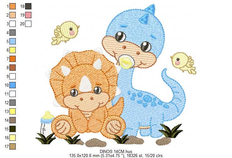 Dinosaur embroidery designs - Dino with pacifier and birds machine embroidery pattern - Brontosaurus and Triceraptor file - Instant download