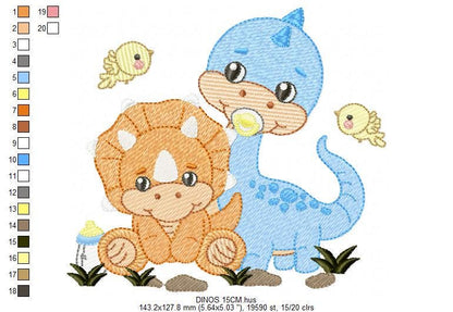 Dinosaur embroidery designs - Dino with pacifier and birds machine embroidery pattern - Brontosaurus and Triceraptor file - Instant download