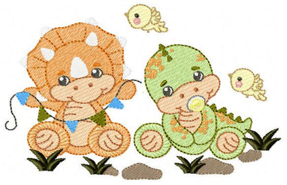 Dinosaur embroidery designs - Baby Dino with pacifier and bird machine embroidery pattern - Boy Tyrannosaurus Triceratops - Instant download