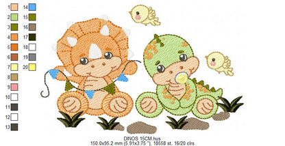 Dinosaur embroidery designs - Baby Dino with pacifier and bird machine embroidery pattern - Boy Tyrannosaurus Triceratops - Instant download