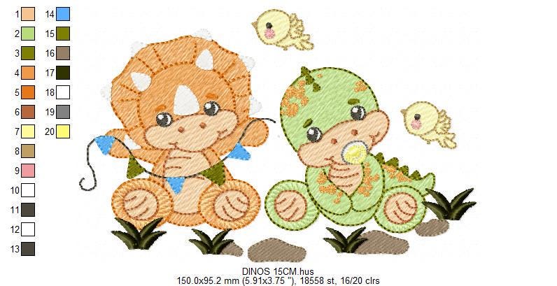 Dinosaur embroidery designs - Baby Dino with pacifier and bird machine embroidery pattern - Boy Tyrannosaurus Triceratops - Instant download