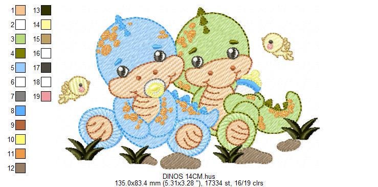 Dinosaur embroidery designs - Baby Boy Dino with pacifier and birds machine embroidery pattern - Brontosaurus T rex - Instant download pes